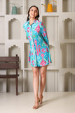 Turquoise Ikat Print Shirt Dress - Full length front