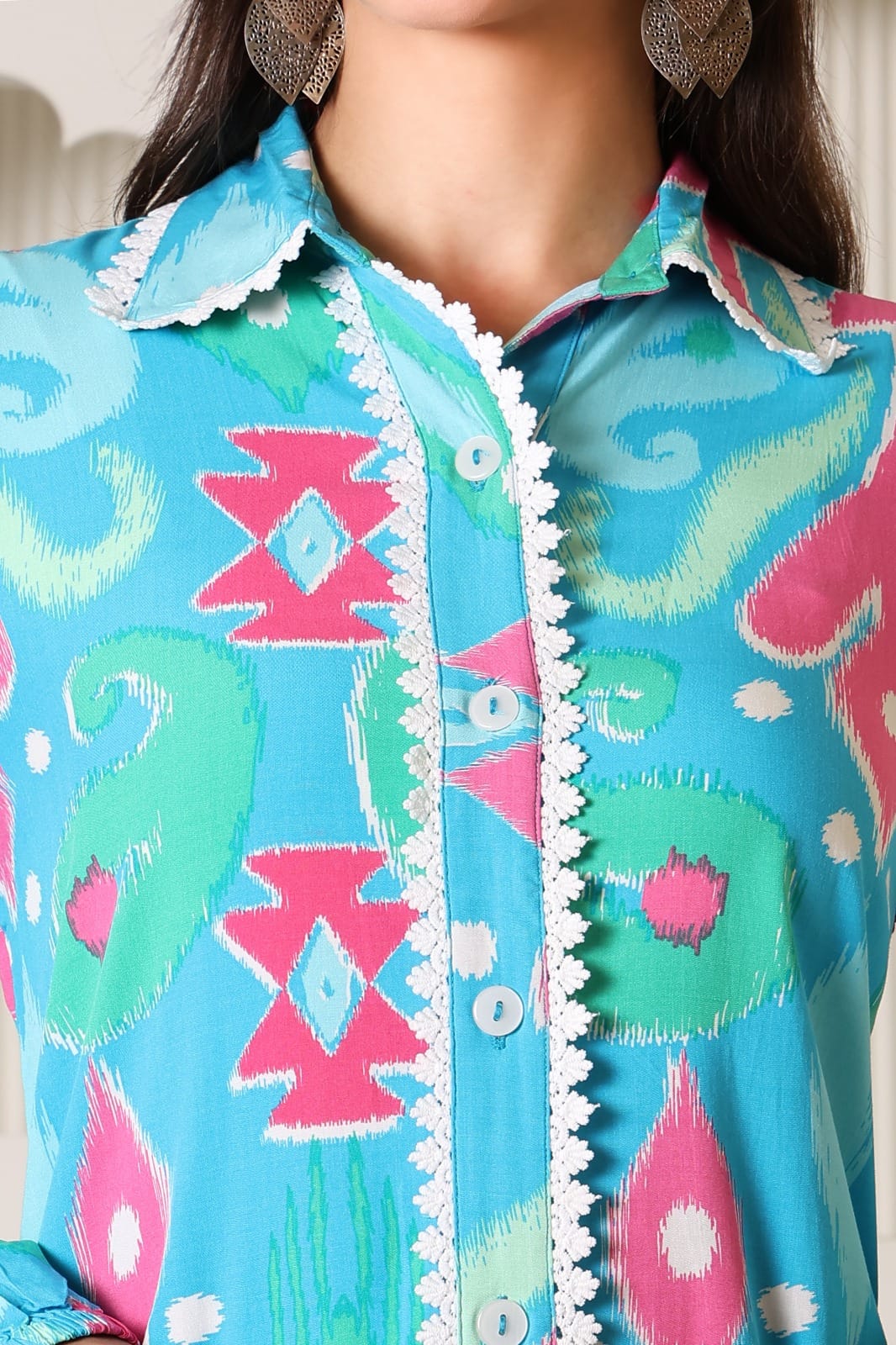 Turquoise Ikat Print Shirt Dress - Full length side